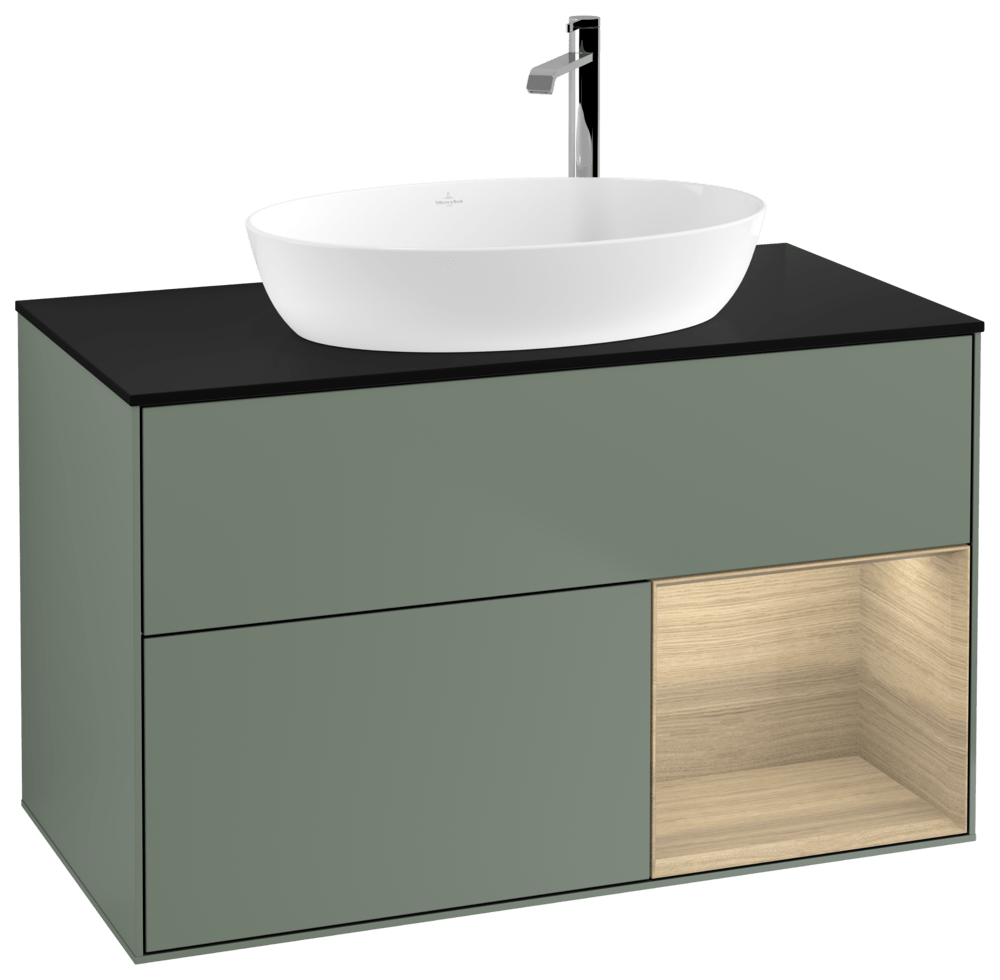 V&B Waschtisch-Unterschrank Finion 100cm, Abdeckplatte black matt, Regal Oak Veneer, Olive Matt Lacquer