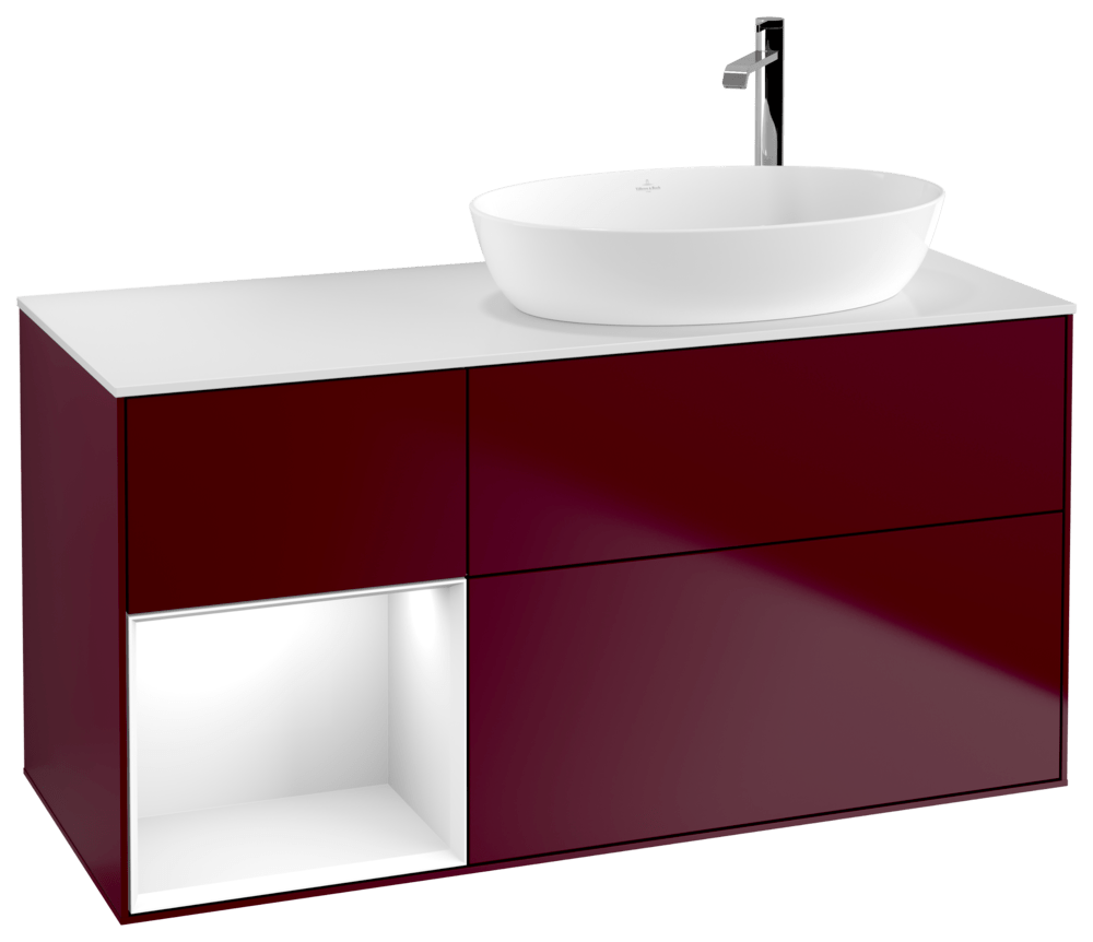 V&B Waschtisch-Unterschrank Wandbeleuchtung Finion 120cm, Abdeckplatte white matt, Regal Glossy white lacquer, Peony Matt