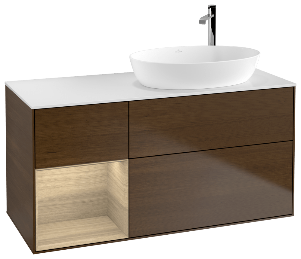 V&B Waschtisch-Unterschrank Wandbeleuchtung Finion 120cm, Abdeckplatte white matt, Regal Oak Veneer, Walnut veneer