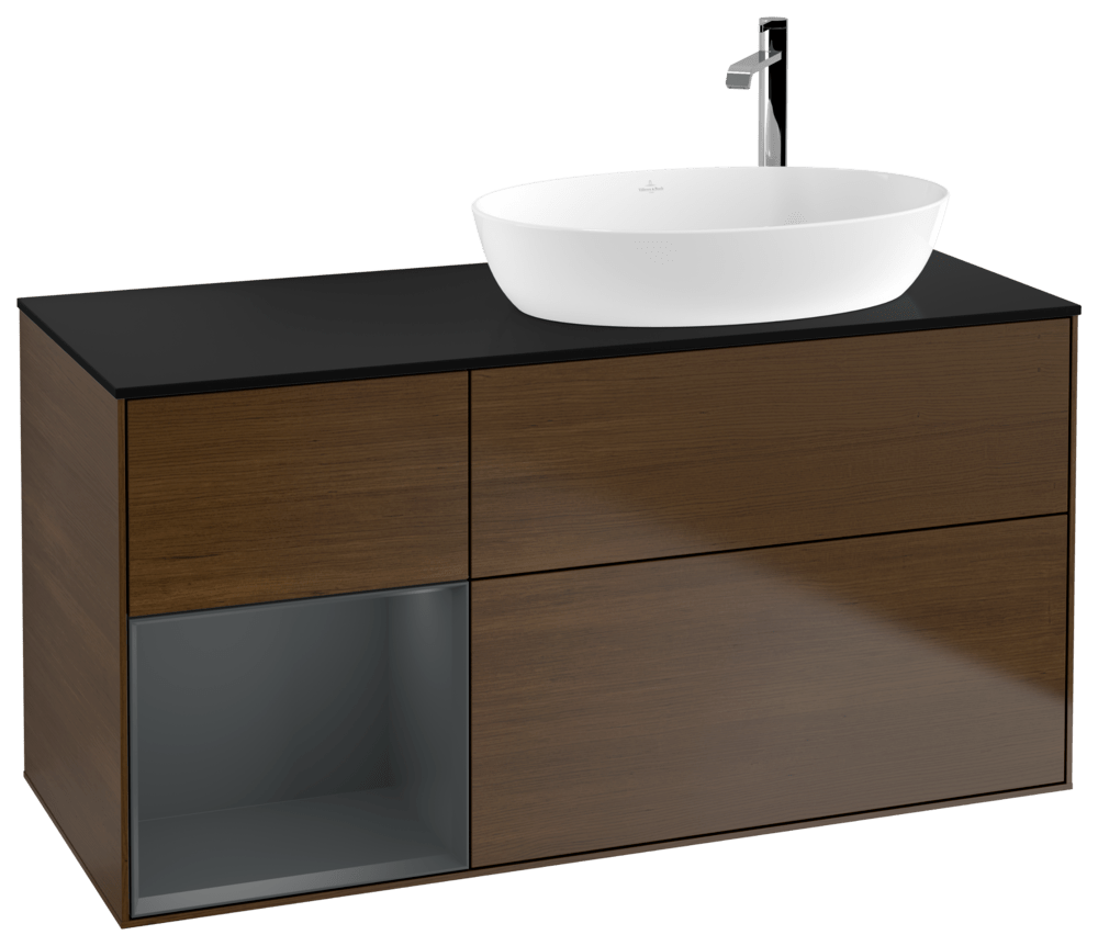 V&B Waschtisch-Unterschrank Finion 120cm, Abdeckplatte black matt, Regal Midnight matt lacquer, Walnut veneer