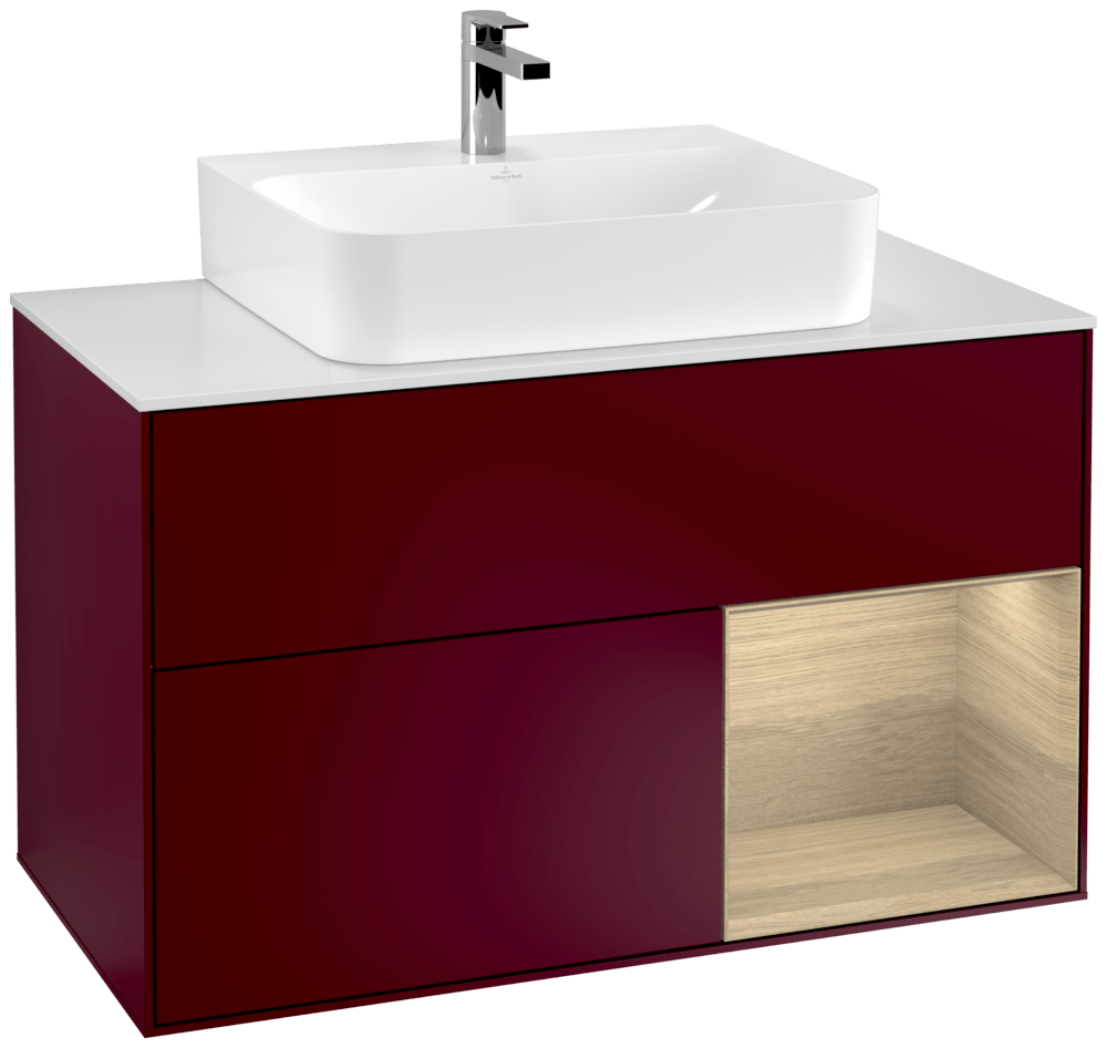 V&B Waschtisch-Unterschrank Wandbeleuchtung Finion 100cm, Abdeckplatte white matt, Regal rechts Oak Veneer, Peony Matt