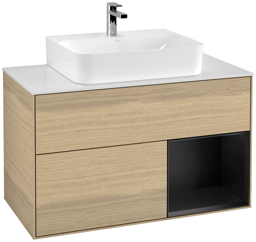 V&B Waschtisch-Unterschrank Wandbeleuchtung Finion 100cm, Abdeckplatte white matt, Regal rechts Black matt lacquer, Oak Veneer