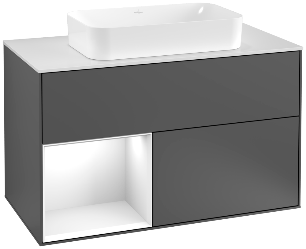 V&B Waschtisch-Unterschrank Wandbeleuchtung Finion 100cm, Abdeckplatte white matt, Regal links Glossy white lacquer, Anthracite matt