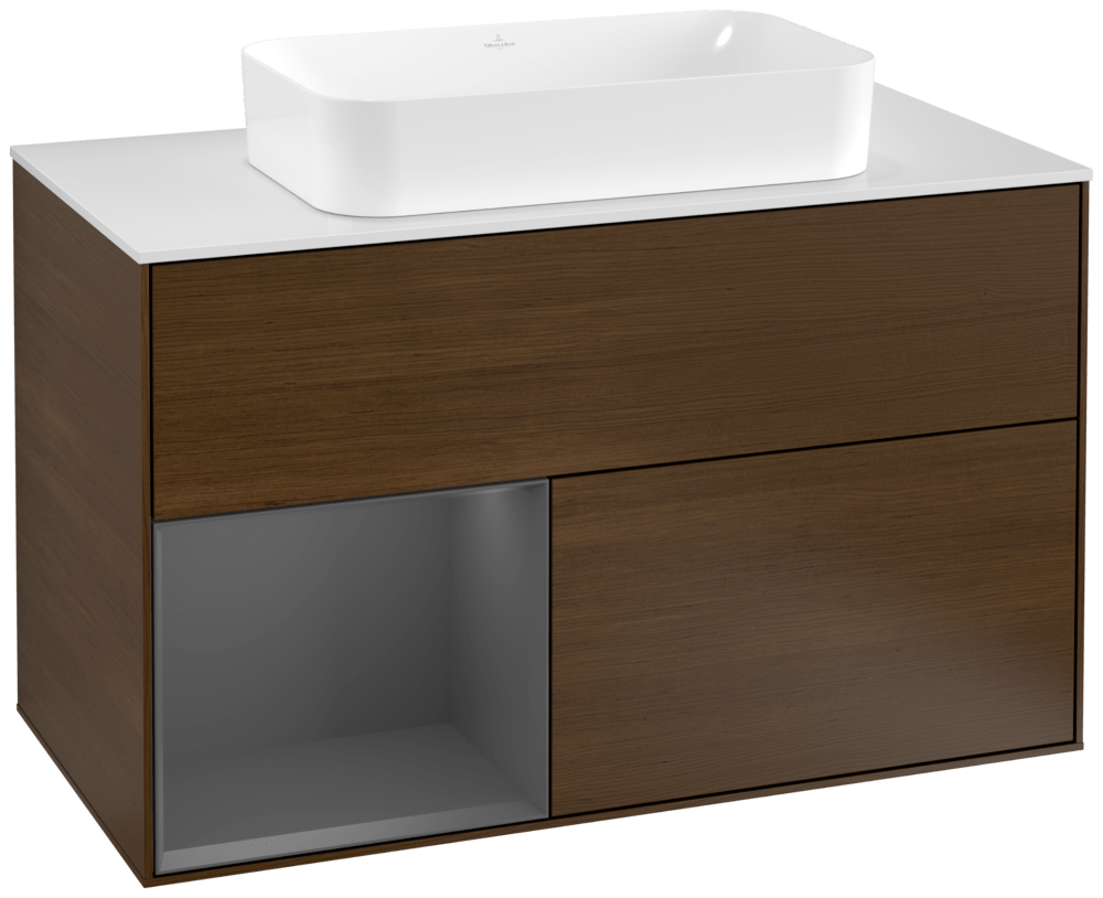 V&B Waschtisch-Unterschrank Wandbeleuchtung Finion 100cm, Abdeckplatte white matt, Regal links Anthracite matt, Walnut veneer