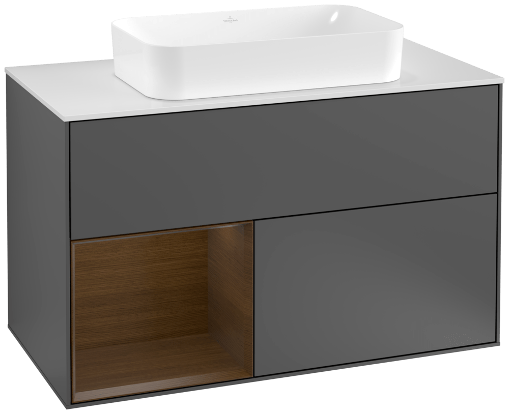 V&B Waschtisch-Unterschrank Wandbeleuchtung Finion 100cm, Abdeckplatte white matt, Regal links Walnut veneer, Anthracite matt