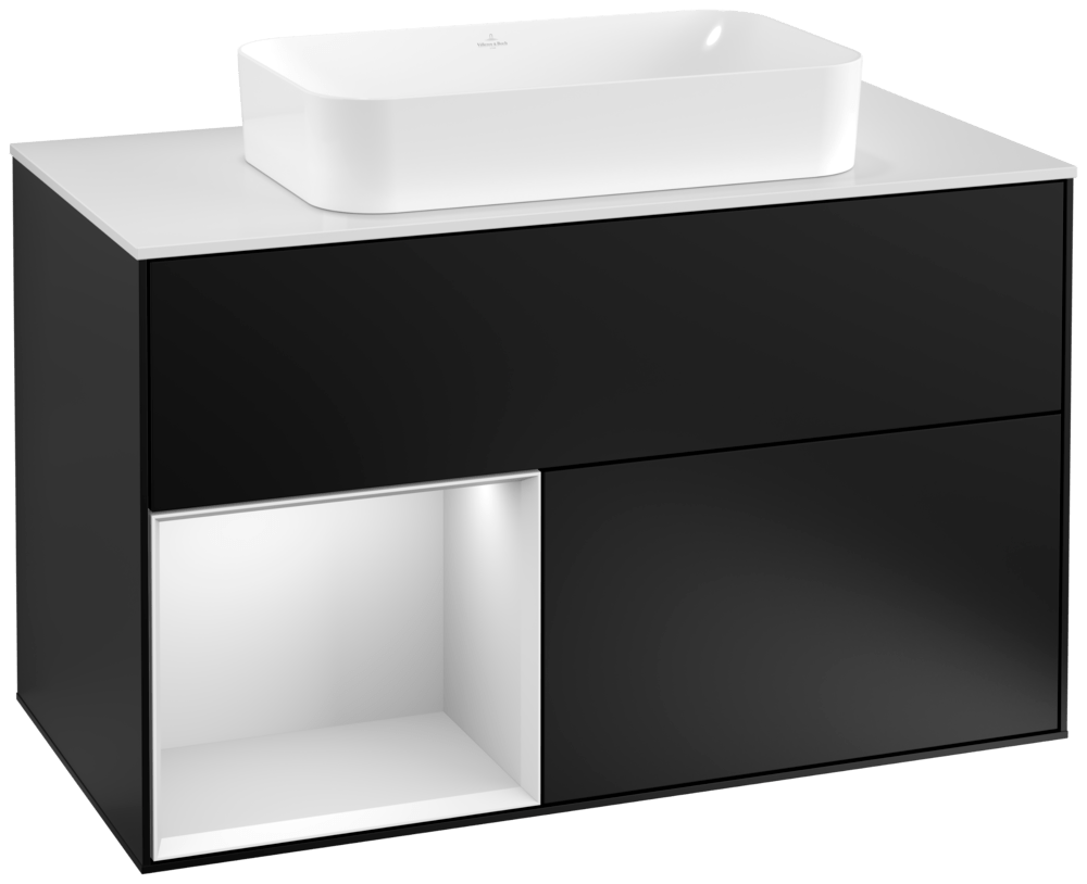 V&B Waschtisch-Unterschrank Wandbeleuchtung Finion 100cm, Abdeckplatte white matt, Regal links White matt lacquer, Black matt lacquer
