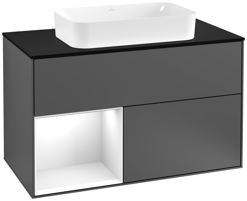 V&B Waschtisch-Unterschrank Wandbeleuchtung Finion 100cm, Abdeckplatte black matt, Regal links Glossy white lacquer, Anthracite matt
