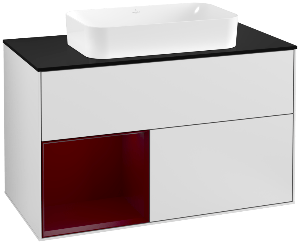 V&B Waschtisch-Unterschrank Wandbeleuchtung Finion 100cm, Abdeckplatte black matt, Regal links Peony, White matt lacquer