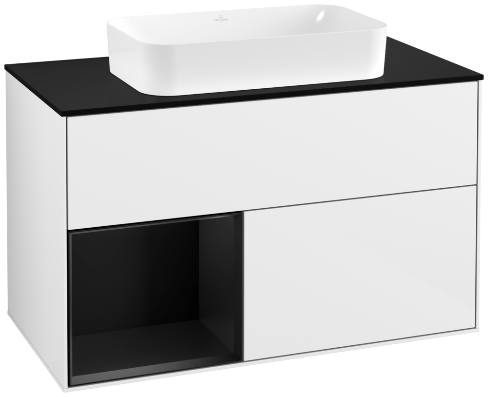 V&B Waschtisch-Unterschrank Wandbeleuchtung Finion 100cm, Abdeckplatte black matt, Regal links Black matt lacquer, Glossy white lacquer
