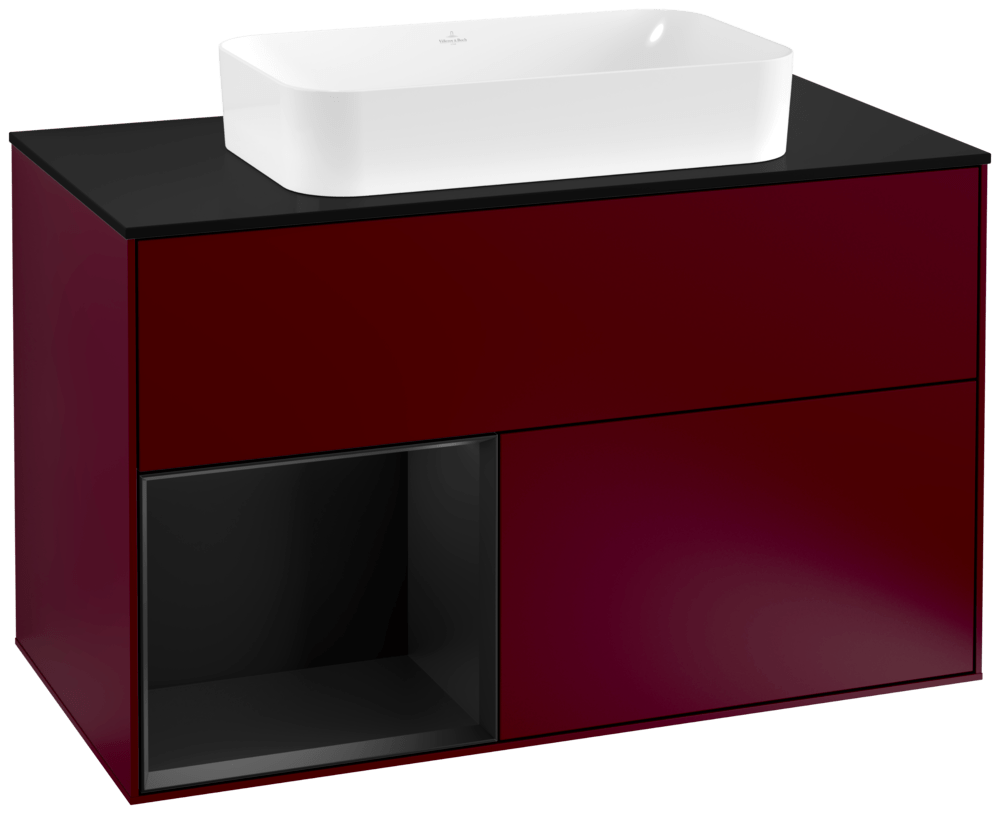 V&B Waschtisch-Unterschrank Wandbeleuchtung Finion 100cm, Abdeckplatte black matt, Regal links Black matt lacquer, Peony Matt
