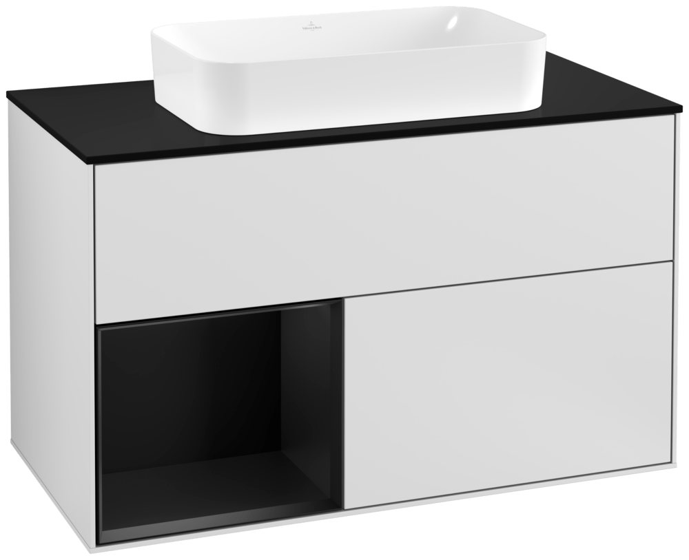 V&B Waschtisch-Unterschrank Wandbeleuchtung Finion 100cm, Abdeckplatte black matt, Regal links Black matt lacquer, White matt lacquer