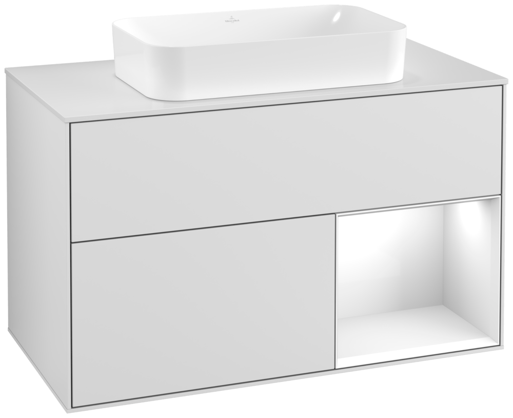 V&B Waschtisch-Unterschrank Wandbeleuchtung Finion 100cm, Abdeckplatte white matt, Regal rechts Glossy white lacquer, White matt lacquer