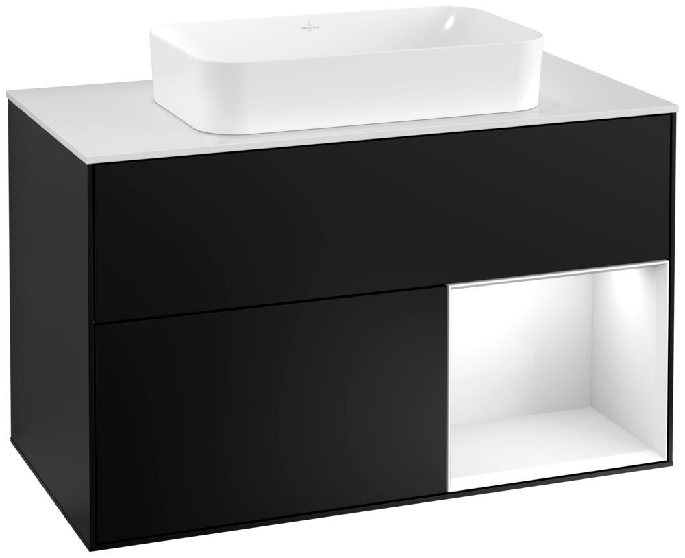 V&B Waschtisch-Unterschrank Wandbeleuchtung Finion 100cm, Abdeckplatte white matt, Regal rechts Glossy white lacquer, Black matt lacquer