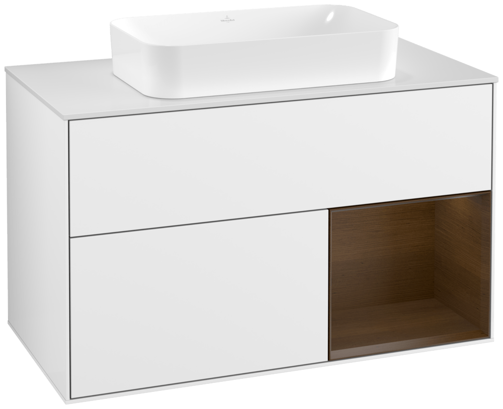 V&B Waschtisch-Unterschrank Wandbeleuchtung Finion 100cm, Abdeckplatte white matt, Regal rechts Walnut veneer, Glossy white lacquer