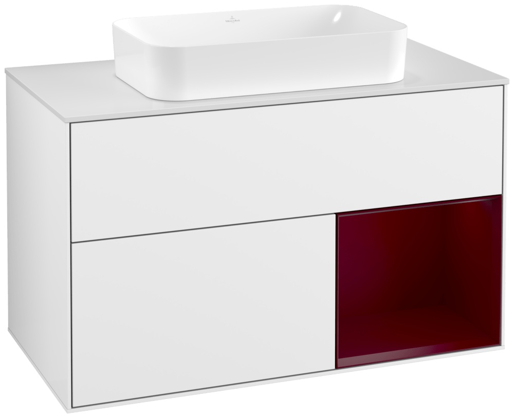 V&B Waschtisch-Unterschrank Wandbeleuchtung Finion 100cm, Abdeckplatte white matt, Regal rechts Peony, Glossy white lacquer