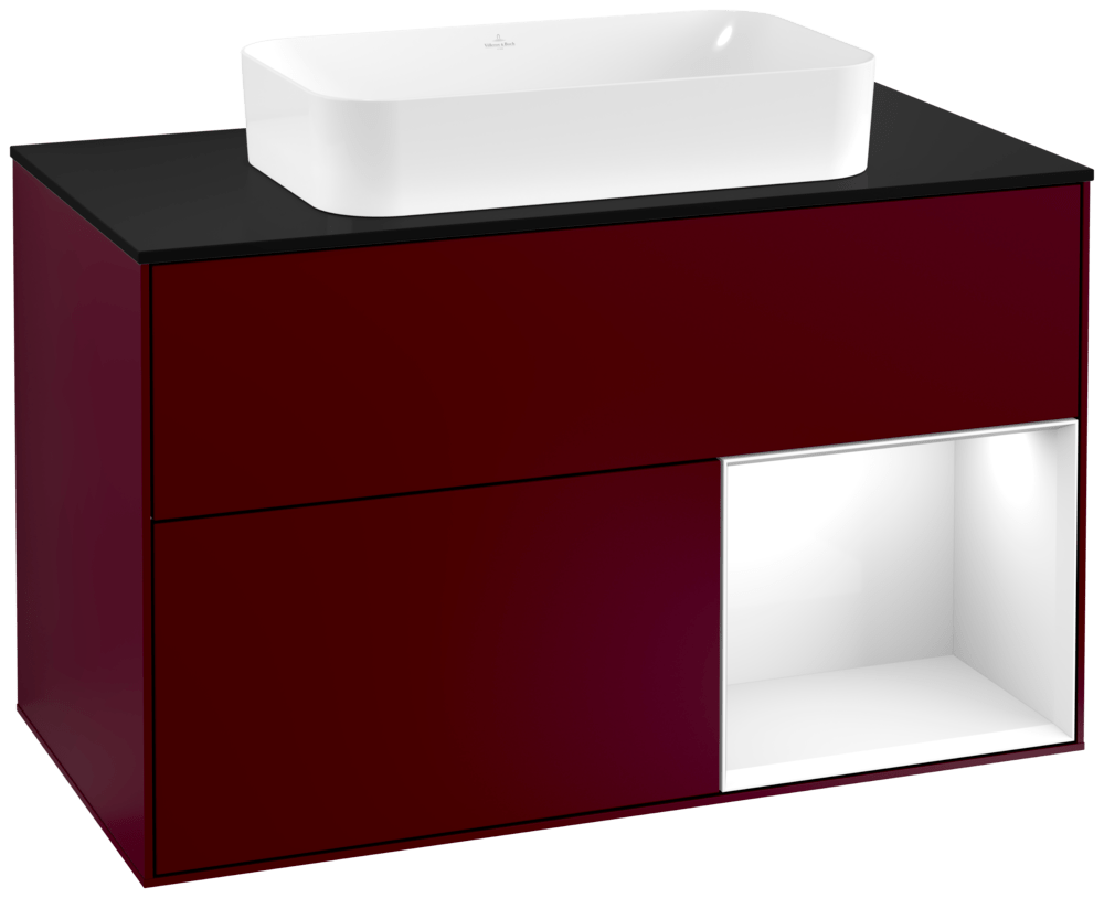 V&B Waschtisch-Unterschrank Wandbeleuchtung Finion 100cm, Abdeckplatte black matt, Regal rechts Glossy white lacquer, Peony Matt