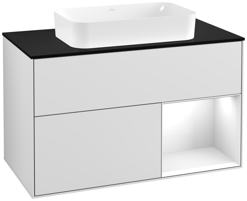 V&B Waschtisch-Unterschrank Wandbeleuchtung Finion 100cm, Abdeckplatte black matt, Regal rechts Glossy white lacquer, White matt lacquer