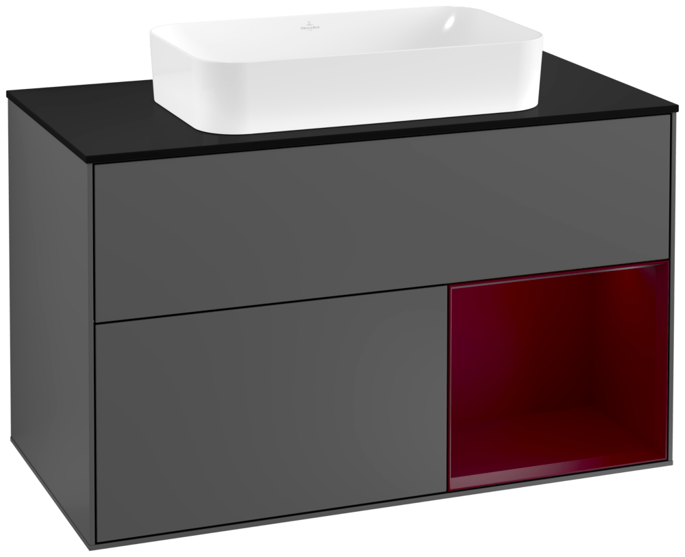 V&B Waschtisch-Unterschrank Wandbeleuchtung Finion 100cm, Abdeckplatte black matt, Regal rechts Peony, Anthracite matt