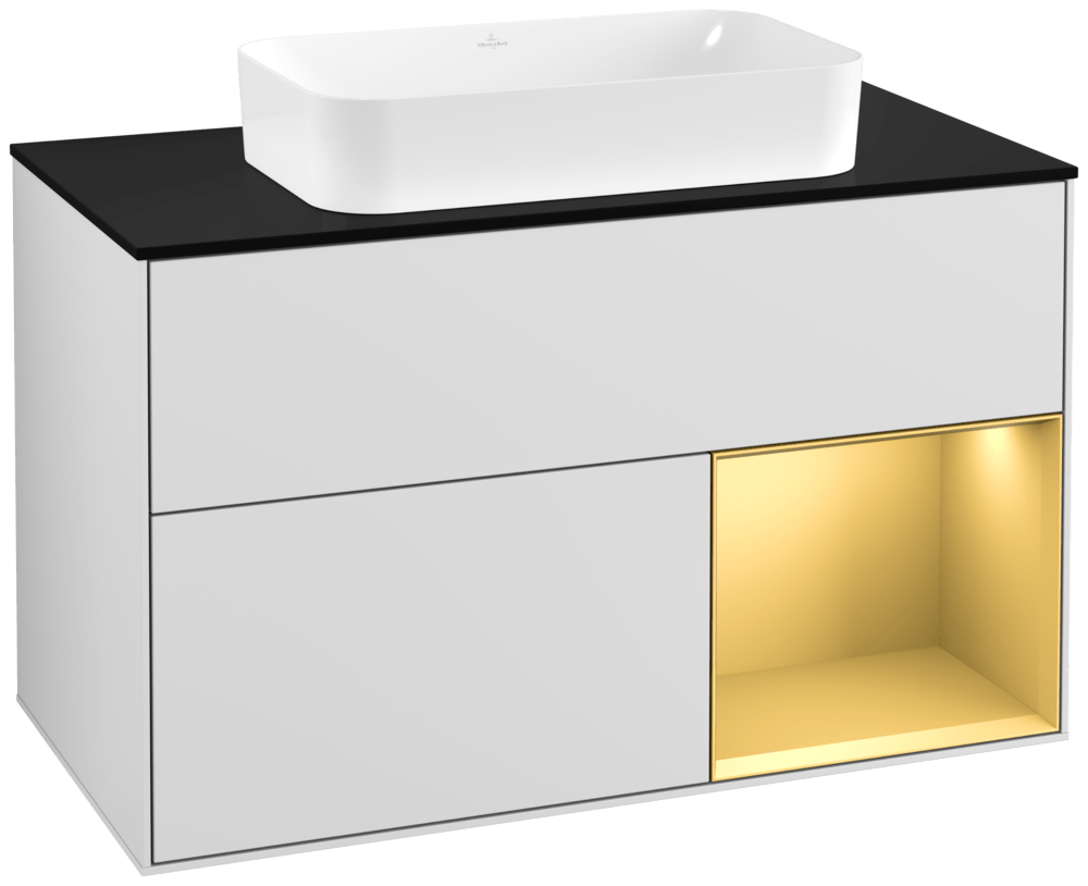V&B Waschtisch-Unterschrank Wandbeleuchtung Finion 100cm, Abdeckplatte black matt, Regal rechts Gold matt, White matt lacquer