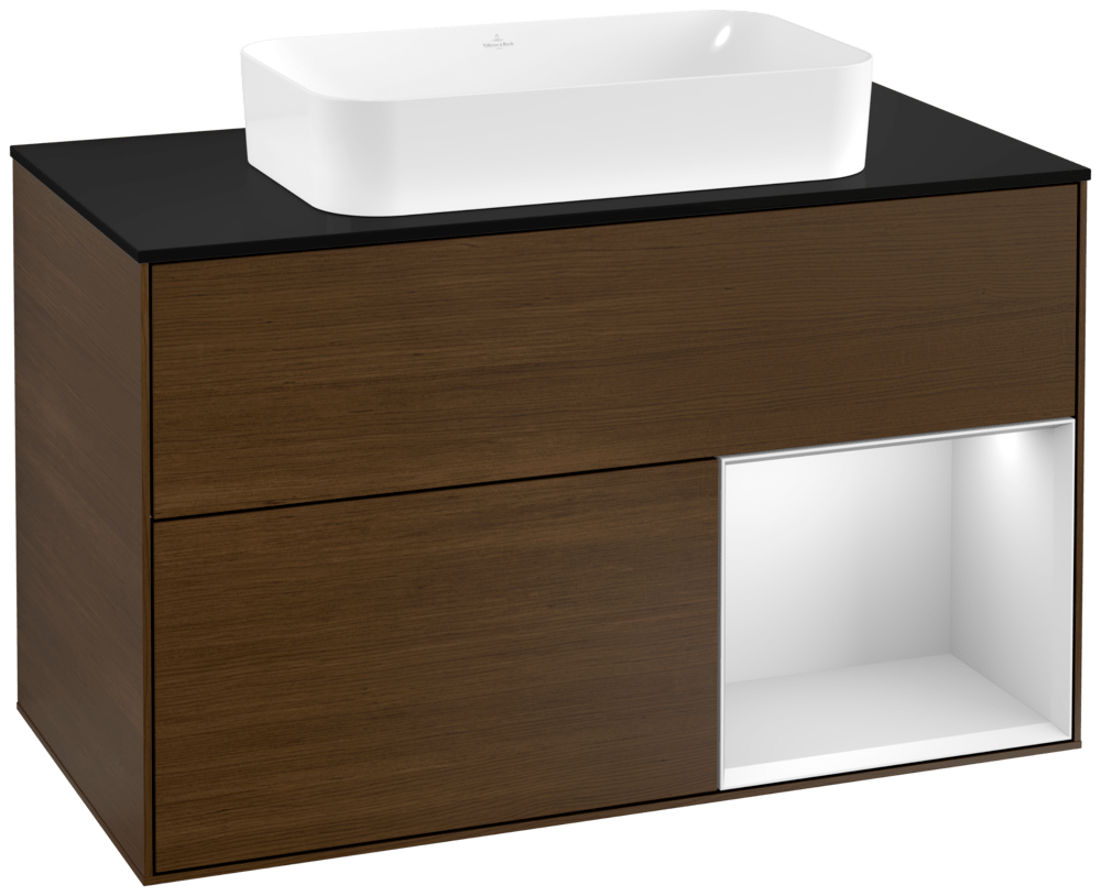 V&B Waschtisch-Unterschrank Wandbeleuchtung Finion 100cm, Abdeckplatte black matt, Regal rechts White matt lacquer, Walnut veneer