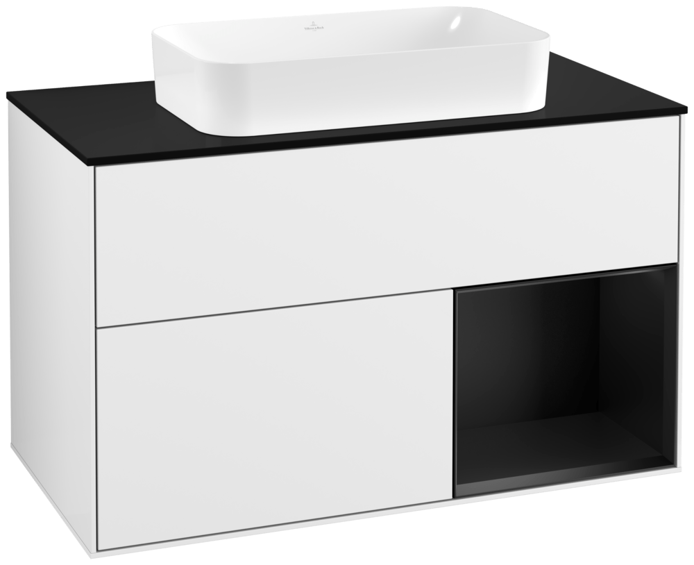 V&B Waschtisch-Unterschrank Wandbeleuchtung Finion 100cm, Abdeckplatte black matt, Regal rechts Black matt lacquer, Glossy white lacquer