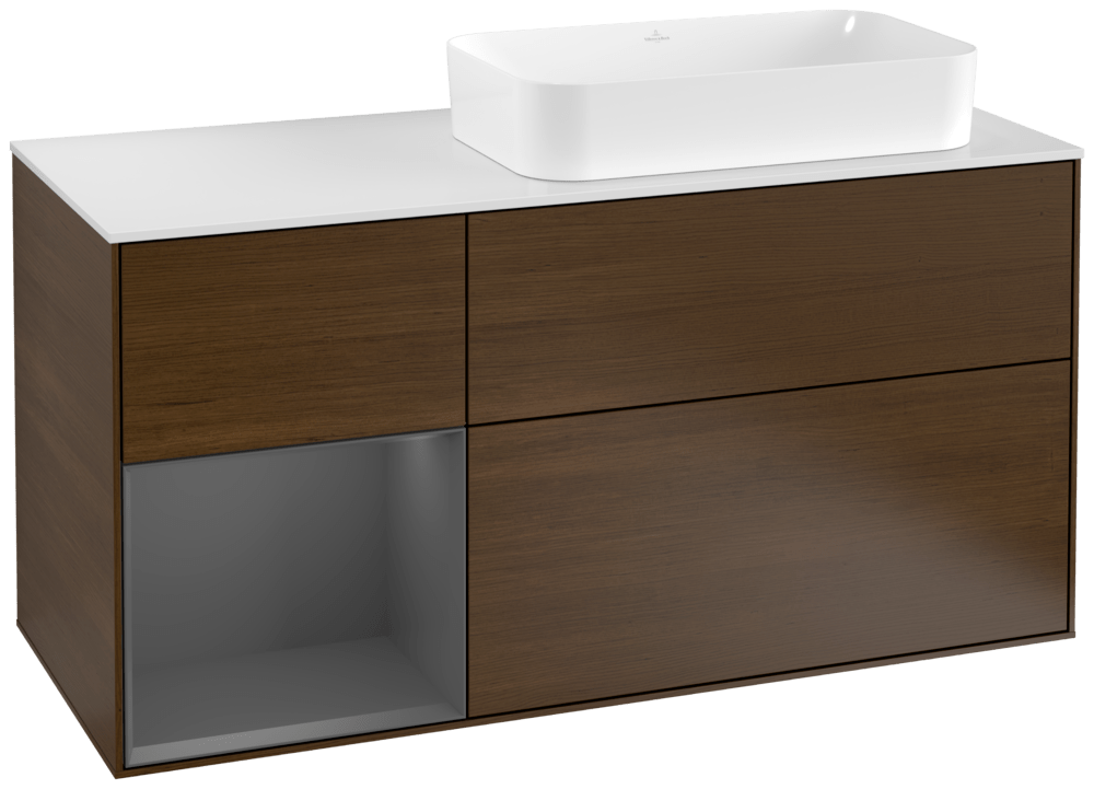 V&B Waschtisch-Unterschrank Wandbeleuchtung Finion 120cm, Abdeckplatte white matt, Regal links Anthracite matt, Walnut veneer