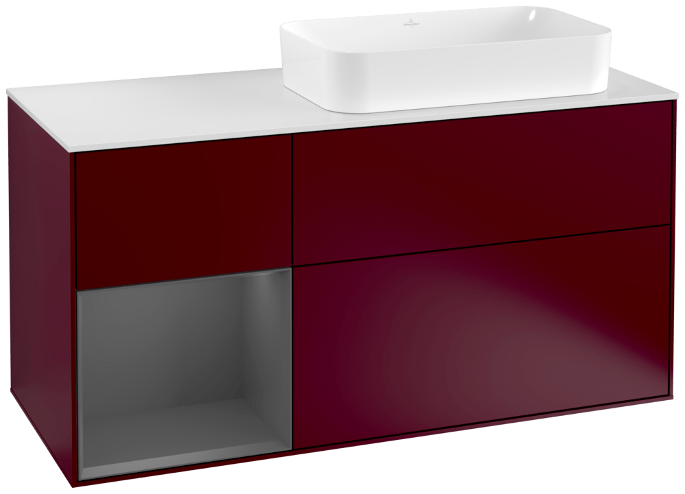 V&B Waschtisch-Unterschrank Wandbeleuchtung Finion 120cm, Abdeckplatte white matt, Regal links Anthracite matt, Peony Matt