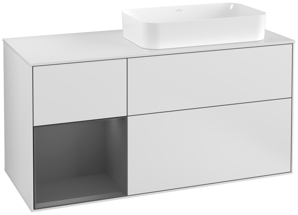 V&B Waschtisch-Unterschrank Wandbeleuchtung Finion 120cm, Abdeckplatte white matt, Regal links Anthracite matt, White matt lacquer