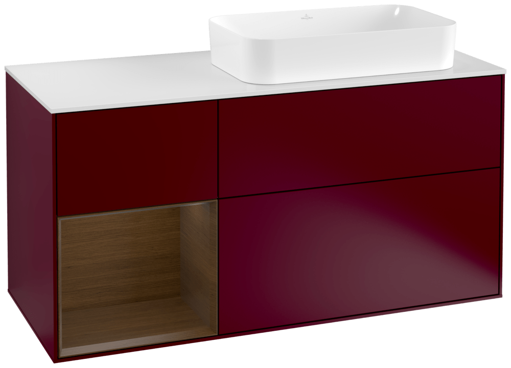 V&B Waschtisch-Unterschrank Wandbeleuchtung Finion 120cm, Abdeckplatte white matt, Regal links Walnut veneer, Peony Matt