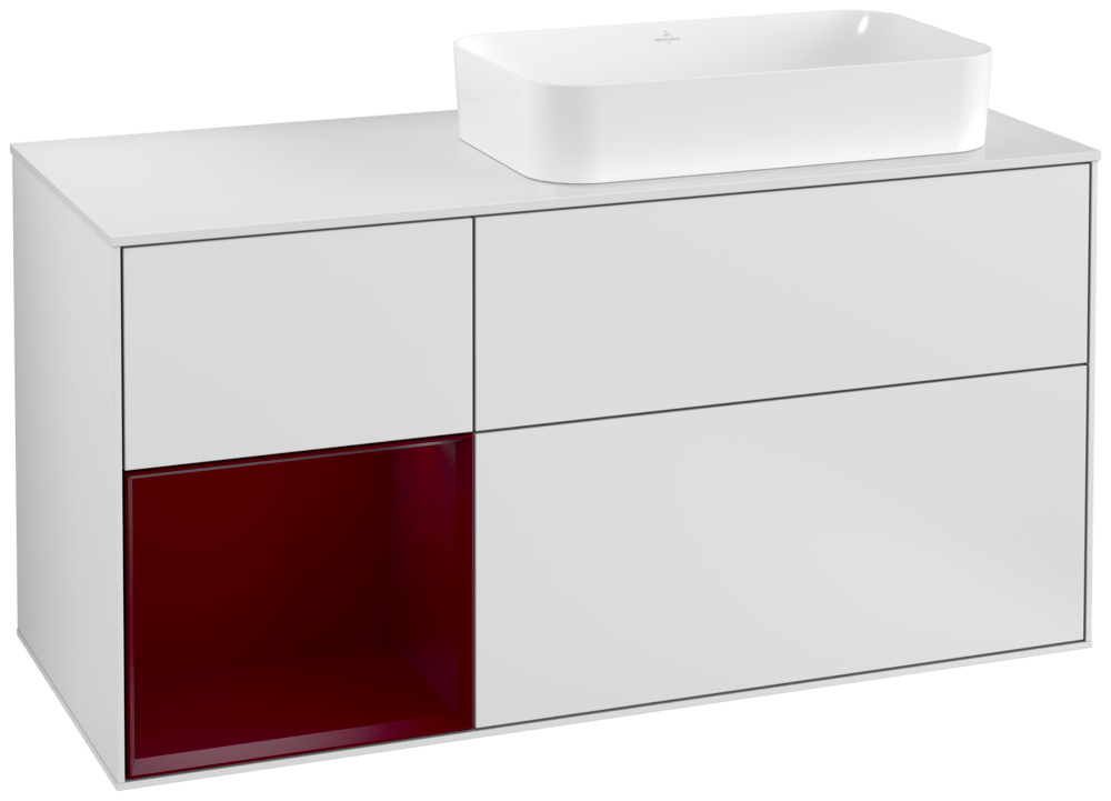 V&B Waschtisch-Unterschrank Wandbeleuchtung Finion 120cm, Abdeckplatte white matt, Regal links Peony, White matt lacquer