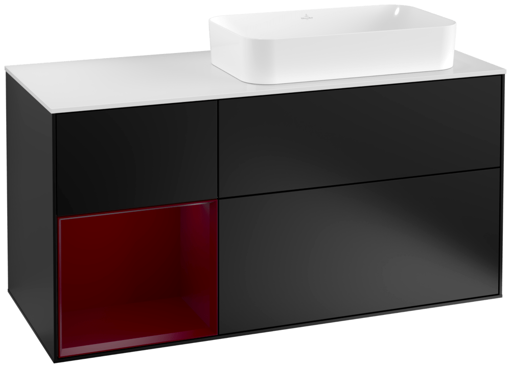 V&B Waschtisch-Unterschrank Wandbeleuchtung Finion 120cm, Abdeckplatte white matt, Regal links Peony, Black matt lacquer