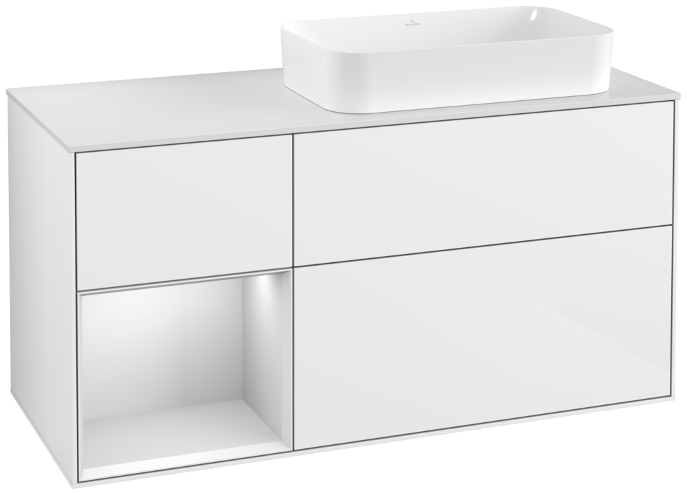 V&B Waschtisch-Unterschrank Wandbeleuchtung Finion 120cm, Abdeckplatte white matt, Regal links White matt lacquer, Glossy white lacquer