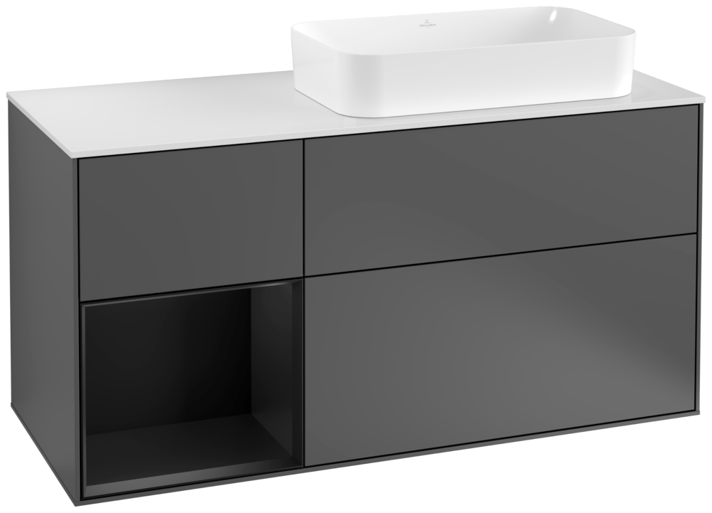 V&B Waschtisch-Unterschrank Wandbeleuchtung Finion 120cm, Abdeckplatte white matt, Regal links Black matt lacquer, Anthracite matt