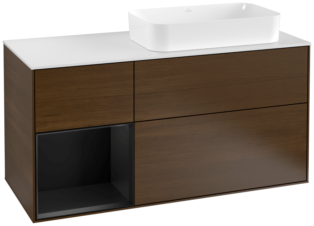 V&B Waschtisch-Unterschrank Wandbeleuchtung Finion 120cm, Abdeckplatte white matt, Regal links Black matt lacquer, Walnut veneer