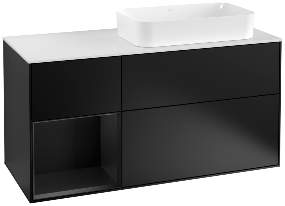 V&B Waschtisch-Unterschrank Wandbeleuchtung Finion 120cm, Abdeckplatte white matt, Regal links Black matt lacquer, Black matt lacquer