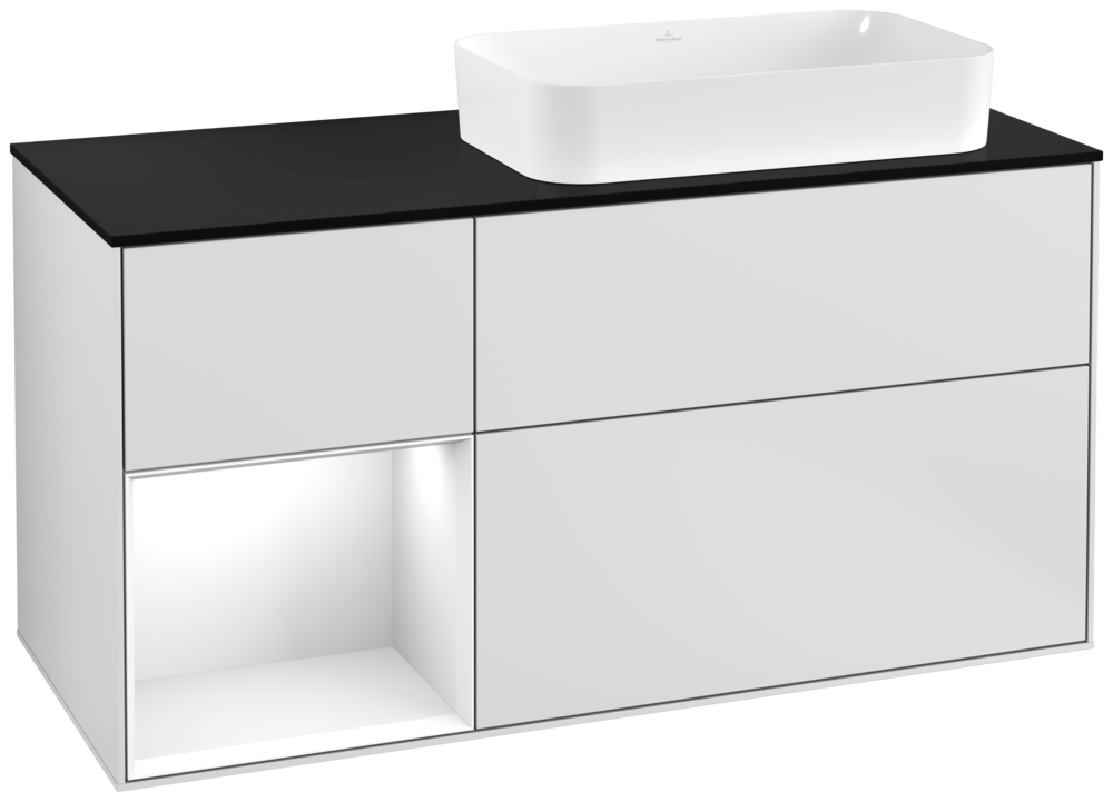 V&B Waschtisch-Unterschrank Wandbeleuchtung Finion 120cm, Abdeckplatte black matt, Regal links Glossy white lacquer, White matt lacquer