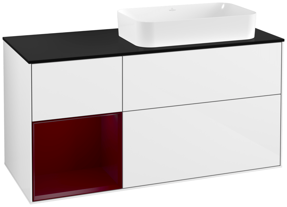 V&B Waschtisch-Unterschrank Wandbeleuchtung Finion 120cm, Abdeckplatte black matt, Regal links Peony, Glossy white lacquer