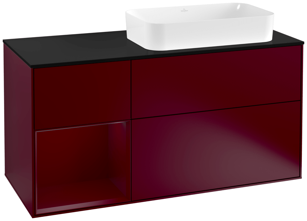 V&B Waschtisch-Unterschrank Wandbeleuchtung Finion 120cm, Abdeckplatte black matt, Regal links Peony, Peony Matt