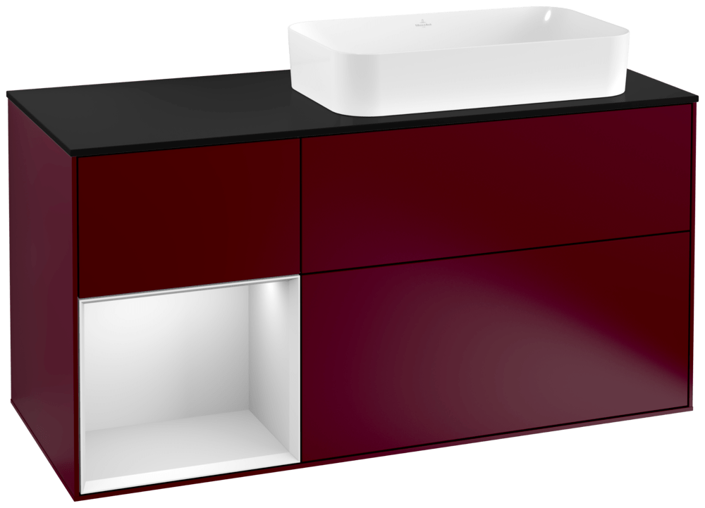 V&B Waschtisch-Unterschrank Wandbeleuchtung Finion 120cm, Abdeckplatte black matt, Regal links White matt lacquer, Peony Matt