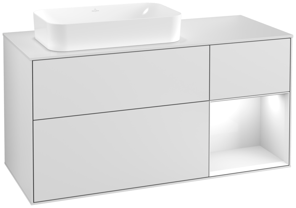 V&B Waschtisch-Unterschrank Wandbeleuchtung Finion 120cm, Abdeckplatte white matt, Regal rechts Glossy white lacquer, White matt lacquer