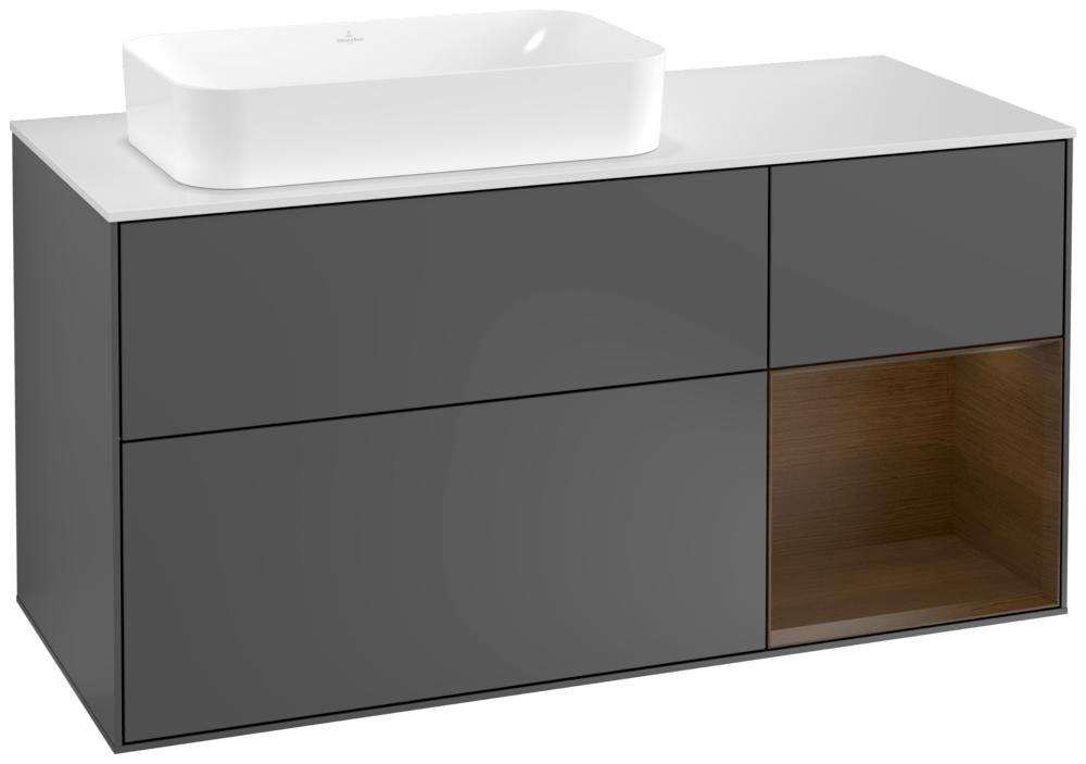 V&B Waschtisch-Unterschrank Wandbeleuchtung Finion 120cm, Abdeckplatte white matt, Regal rechts Walnut veneer, Anthracite matt