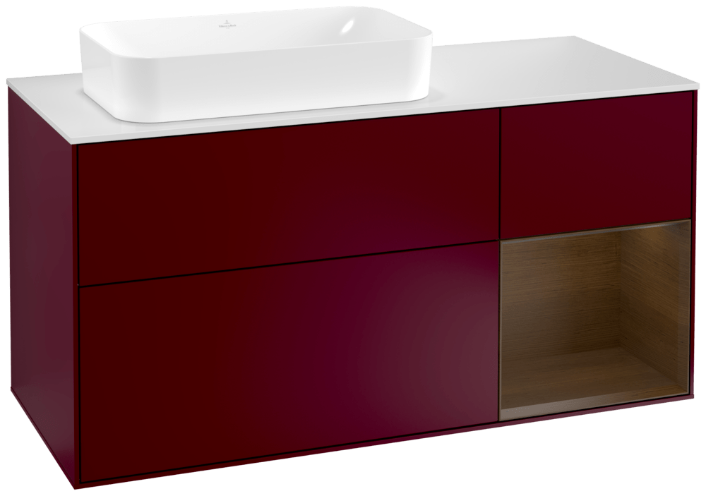 V&B Waschtisch-Unterschrank Wandbeleuchtung Finion 120cm, Abdeckplatte white matt, Regal rechts Walnut veneer, Peony Matt
