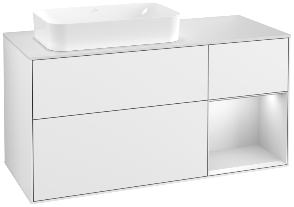V&B Waschtisch-Unterschrank Wandbeleuchtung Finion 120cm, Abdeckplatte white matt, Regal rechts White matt lacquer, Glossy white lacquer