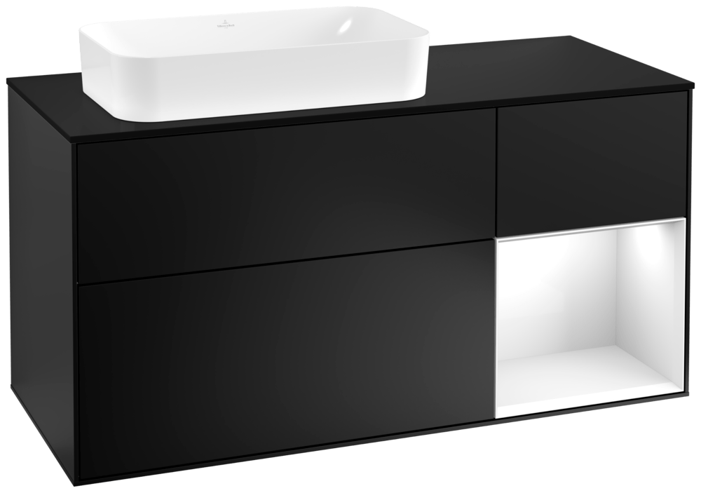 V&B Waschtisch-Unterschrank Wandbeleuchtung Finion 120cm, Abdeckplatte black matt, Regal rechts Glossy white lacquer, Black matt lacquer