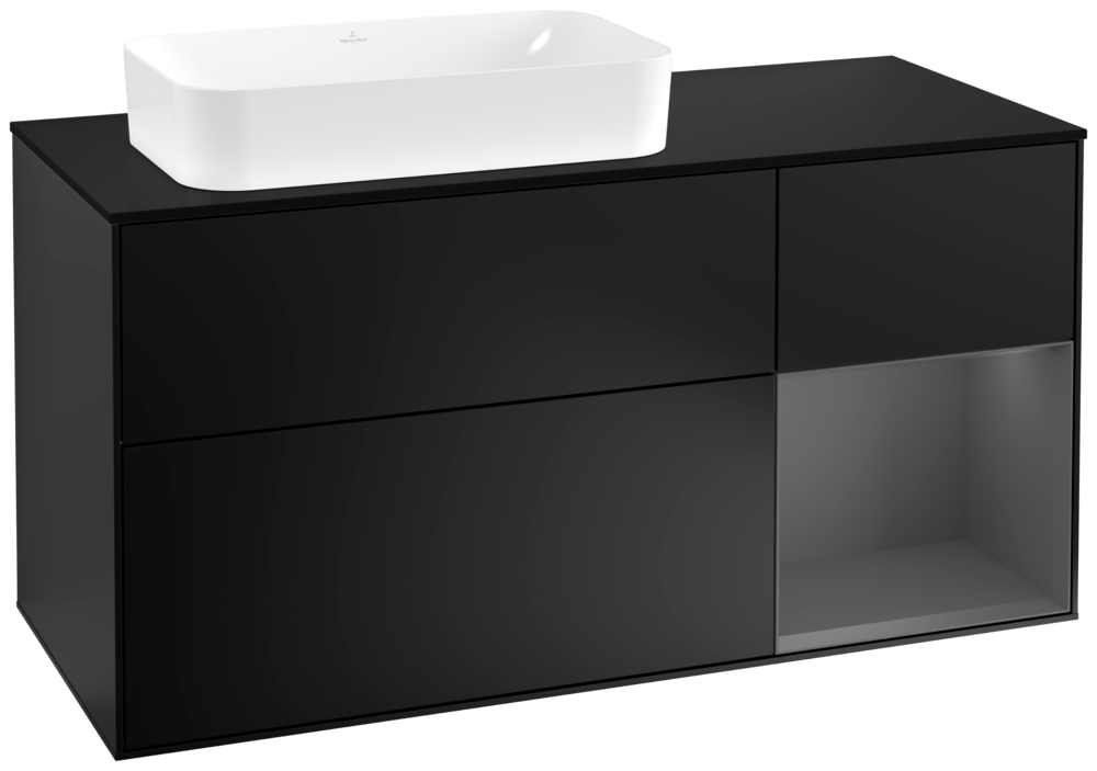 V&B Waschtisch-Unterschrank Wandbeleuchtung Finion 120cm, Abdeckplatte black matt, Regal rechts Anthracite matt, Black matt lacquer