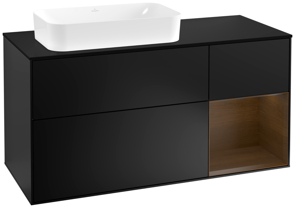 V&B Waschtisch-Unterschrank Wandbeleuchtung Finion 120cm, Abdeckplatte black matt, Regal rechts Walnut veneer, Black matt lacquer