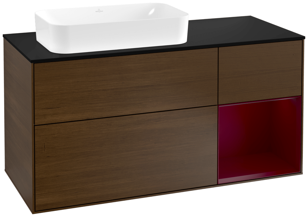 V&B Waschtisch-Unterschrank Wandbeleuchtung Finion 120cm, Abdeckplatte black matt, Regal rechts Peony, Walnut veneer