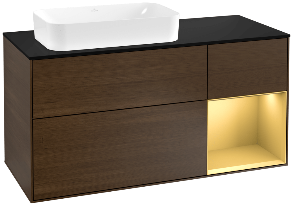 V&B Waschtisch-Unterschrank Wandbeleuchtung Finion 120cm, Abdeckplatte black matt, Regal rechts Gold matt, Walnut veneer