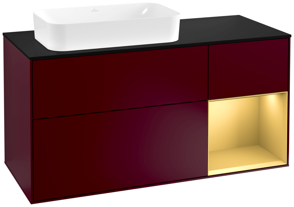 V&B Waschtisch-Unterschrank Wandbeleuchtung Finion 120cm, Abdeckplatte black matt, Regal rechts Gold matt, Peony Matt