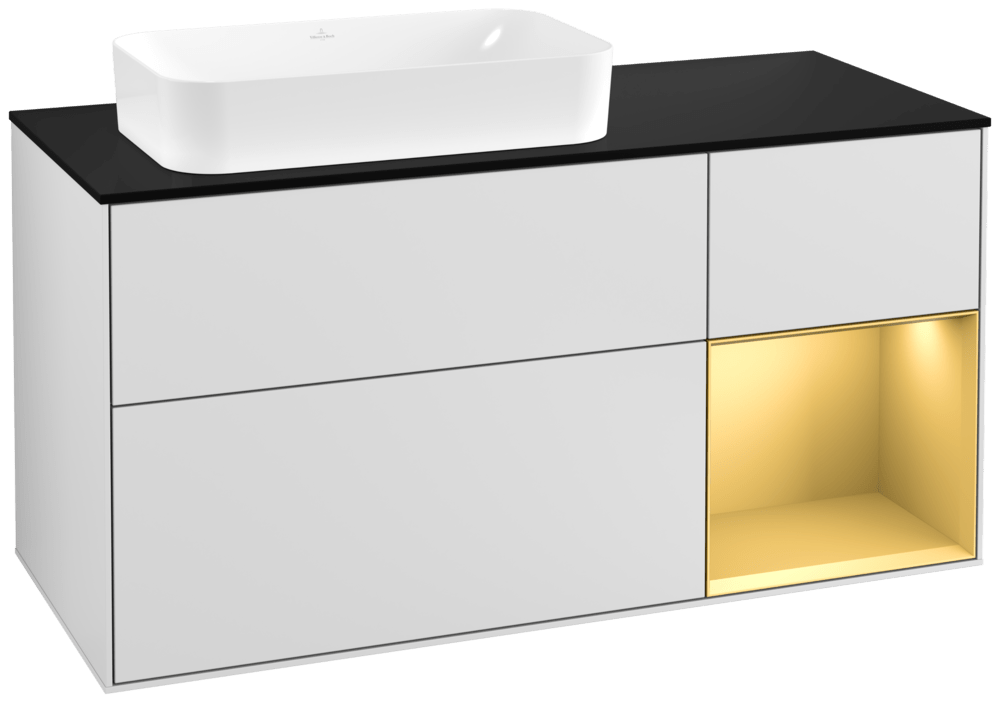 V&B Waschtisch-Unterschrank Wandbeleuchtung Finion 120cm, Abdeckplatte black matt, Regal rechts Gold matt, White matt lacquer